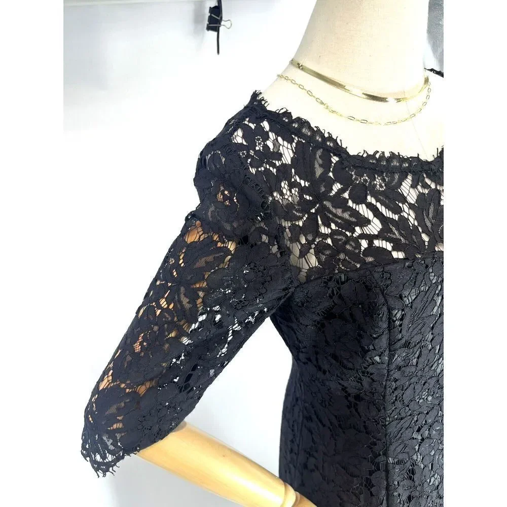 Eliza J Womens Size 4 Black Lace‎ Dress Sheer 3/4 Sleeve A-Line Fit Flare Lined